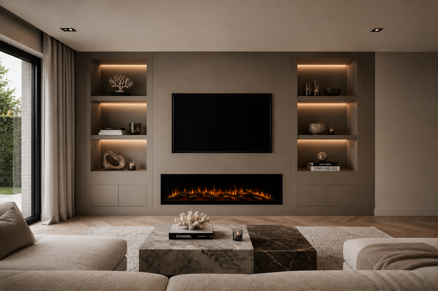 Flamente Ultimate Slim in een tv-wand met verlichte nissen