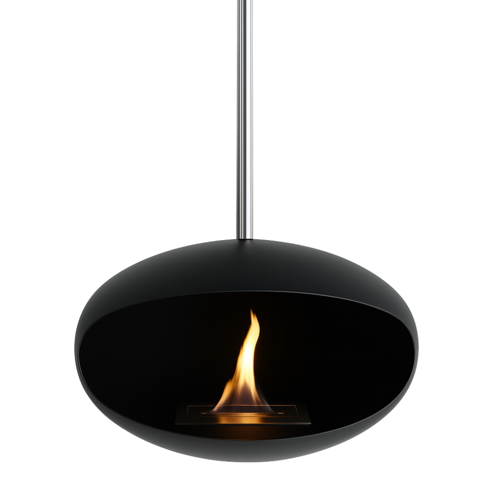 Zwarte bio-ethanol plafondhaard met chromen buis, modern design en open vlam