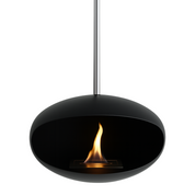 Zwarte bio-ethanol plafondhaard met chromen buis, modern design en open vlam