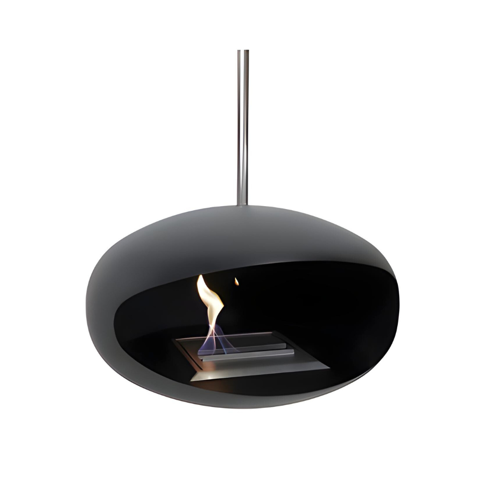 	Close-up van bio-ethanol haard aan plafond met brandende vlam en strakke afwerking