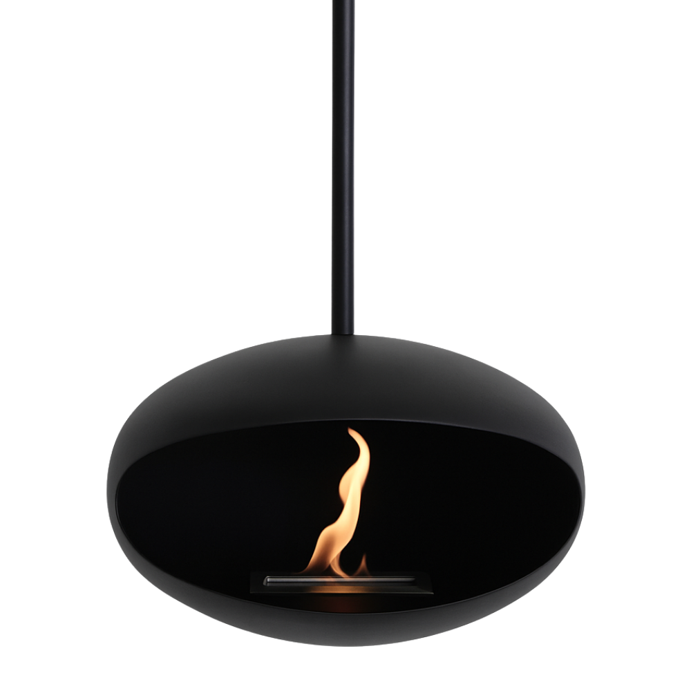 Bio ethanol plafond haard zwart met opvallende open vlam in modern rond design