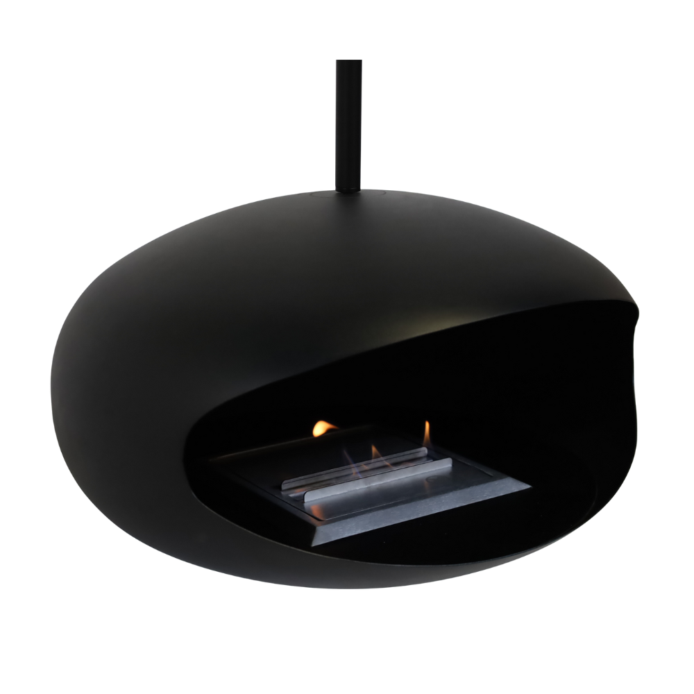 Close-up van zwarte bio ethanol plafond haard met brandende vlam en strakke afwerking
