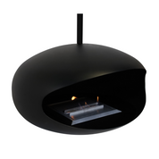 Close-up van zwarte bio ethanol plafond haard met brandende vlam en strakke afwerking