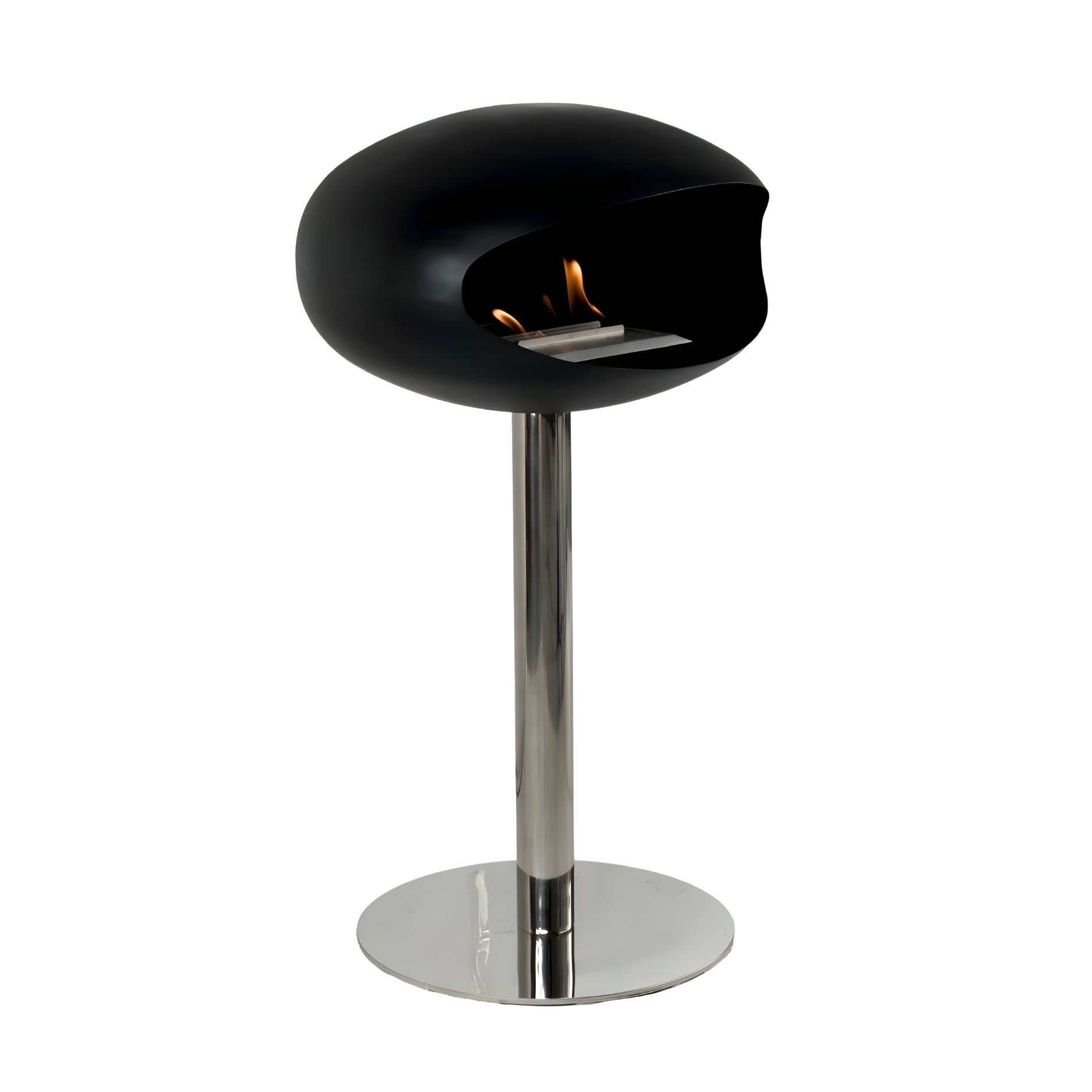 zijaanzicht sfeerhaard zwart met chrome poot