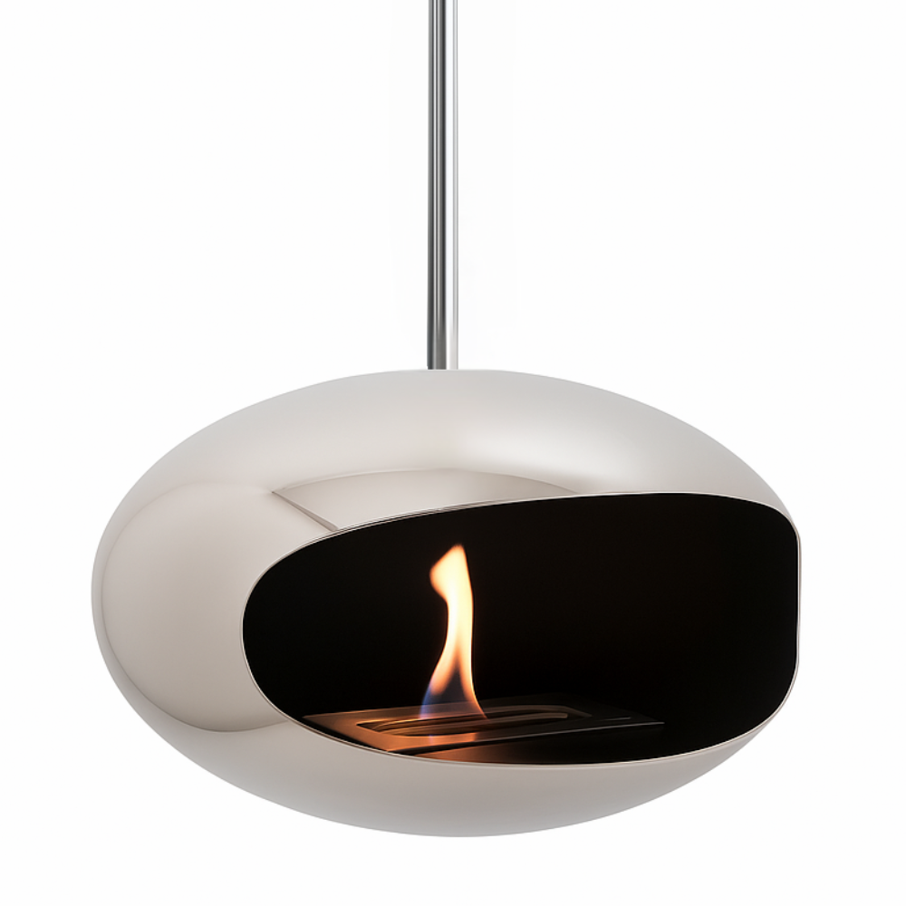 Close-up van RVS plafondhaard met brandende ethanolvlam, strak en reflecterend ontwerp