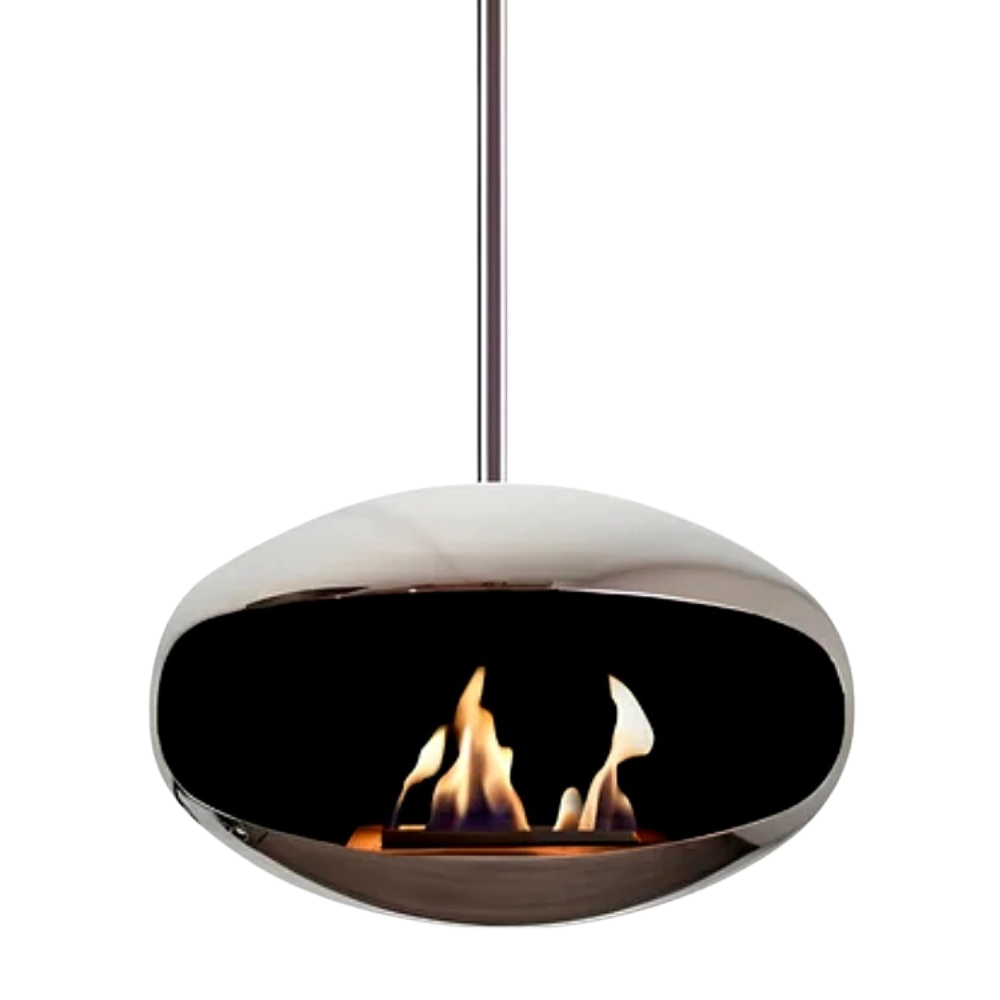 Glanzende bio ethanol plafond haard van RVS met open vuur en modern design