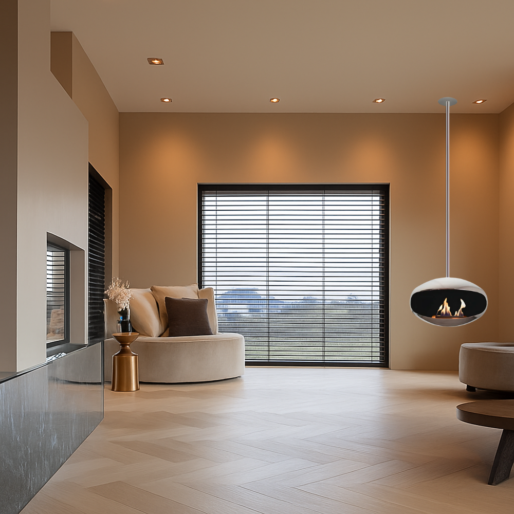 Moderne woonkamer met hangende bio ethanol haard in RVS uitvoering aan het plafond